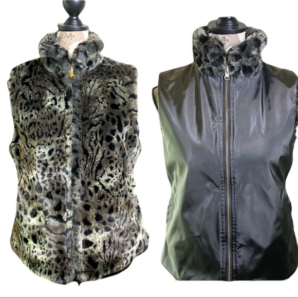 Animal Print Vest Reversible Faux Fur Solid Black Grey Leopard By FUDA Vegan S - Picture 1 of 15